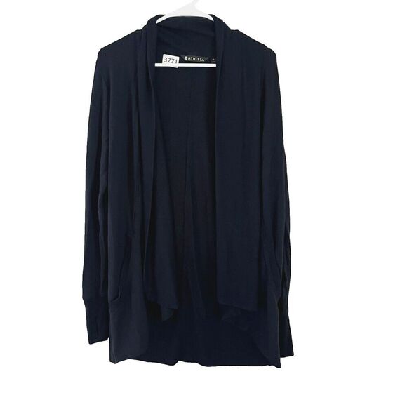 Athleta Womens Black Sweater Cardigan M Open Front Pocket Long Sleeve Classic - Picture 1 of 7